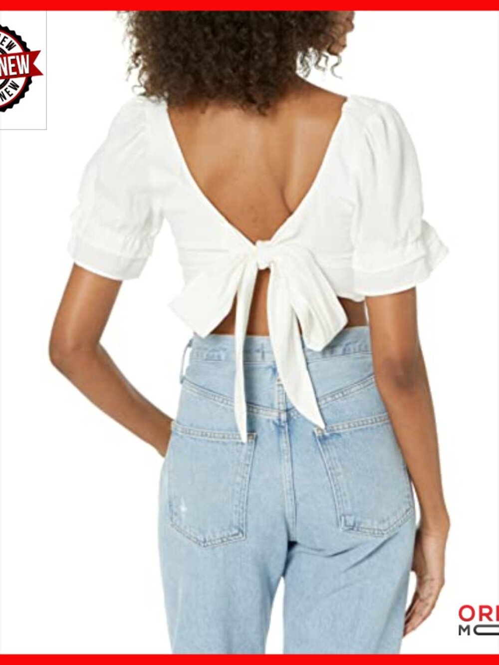 Cropped Linen Blouse with Puff Sleeves, Two-Way Tie Front or Back - Picture 2 of 3